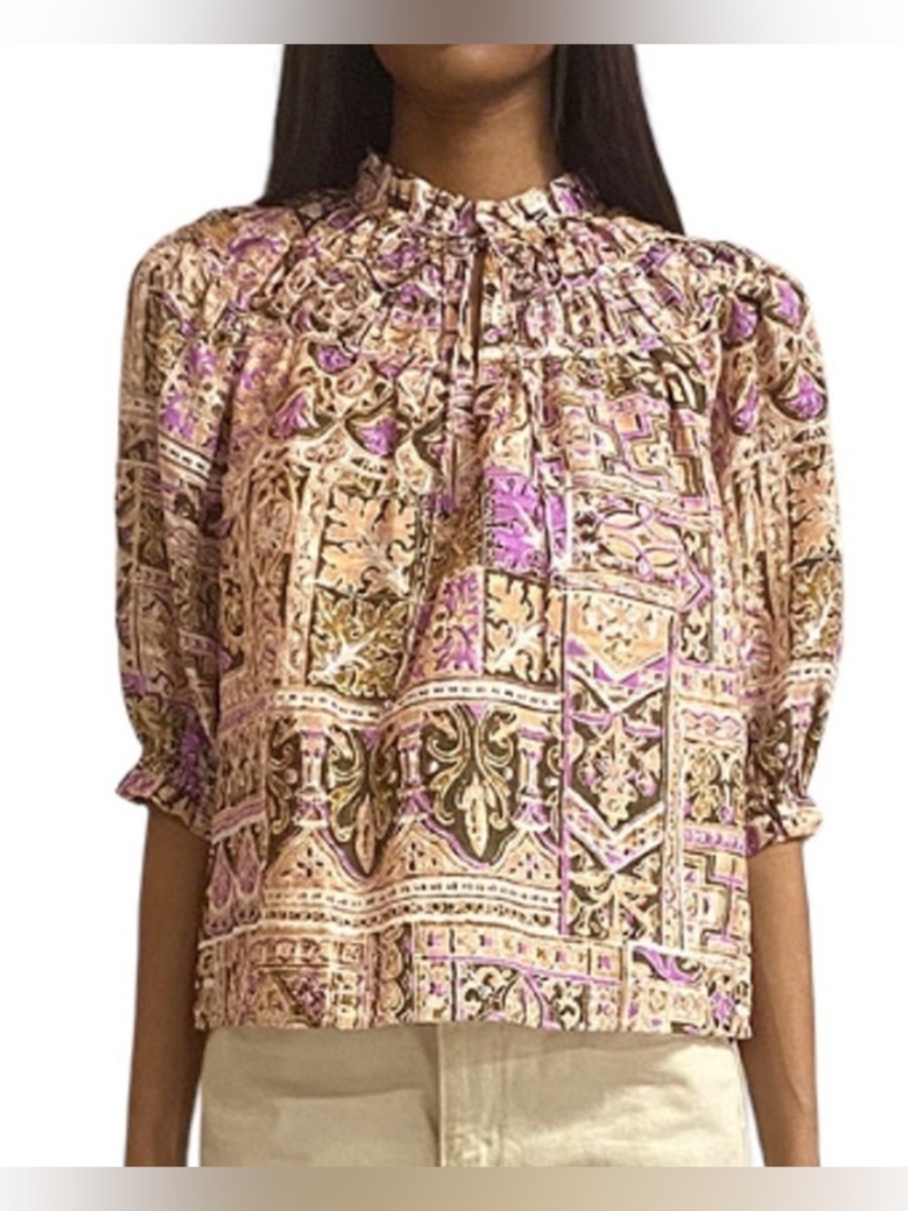 Marie Oliver Linen Blend Paisley Tile Print Ruffle Puff Sleeve Blouse - Size L